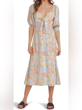 Roxy Blue Floral Midi Dress with Peach Accents